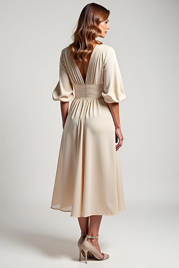 A Line Champagne Chiffon Half Sleeves V Neck Mother of the Bride Dress